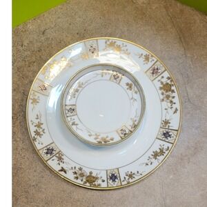 Nippon Hand Painted Porcelain Mayonnaise Bowl and Underplate Gold Moriage Blue